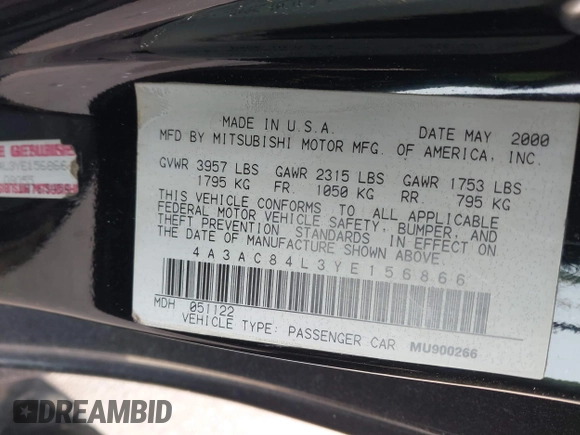 2000 Mitsubishi Eclipse with VIN 4A3AC84L3YE156866, listed as a IAAI auction lot 41481382 with Not Provided miles and . Bid and sale history available at DreamBid. Image 9.