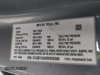 2024 Tesla Model 3 with VIN 5YJ3E1EAXRF859360, listed as a IAAI auction lot 41725898 with 3,693 mi miles. Bid and sale history available at carsss.com. Image 9.