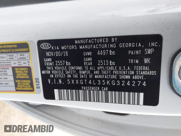 2019 Kia Optima LX with VIN 5XXGT4L35KG324274, listed as a IAAI auction lot 42111177 with 126,494 mi miles. Bid and sale history available at carsss.com. Image 9.