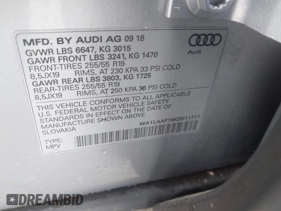 2019 Audi Q7 Premium Plus with VIN WA1LAAF76KD011711, listed as a IAAI auction lot 42266568 with 74,618 mi miles and . Bid and sale history available at DreamBid. Image 9.
