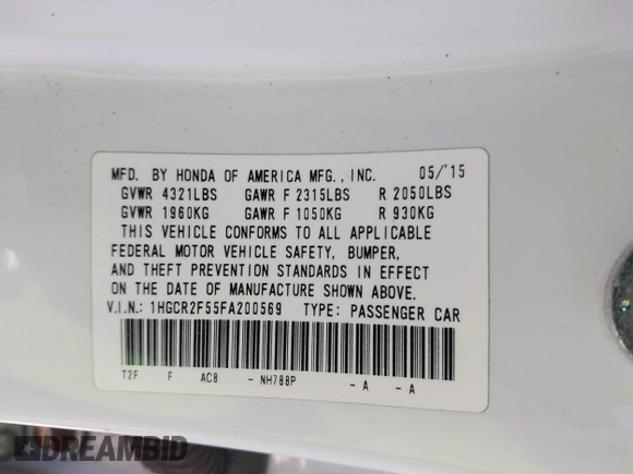 2015 Honda Accord Sport with VIN 1HGCR2F55FA200569, listed as a IAAI auction lot 41843146 with 97,655 mi miles and . Bid and sale history available at DreamBid. Image 9.