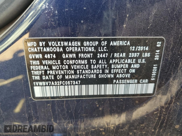 2015 Volkswagen Passat SE с VIN 1VWBV7A32FC057347, выставлен на аукционе Copart как лот 78950074 с пробегом 118 593 миль миль и Чистый • Clean title. История ставок и продаж доступна на DreamBid. Изображение 12.