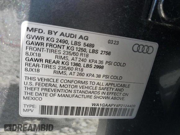 2023 Audi Q5 S line Premium with VIN WA1GAAFY4P2124408, listed as a Copart auction lot 57766075 with 14,286 mi miles and Salvage title. Bid and sale history available at DreamBid. Image 13.