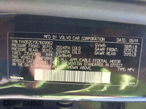 2012 Volvo XC90 Premier Plus with VIN YV4952CY9C1609962, listed as a IAAI auction lot 42054930 with 208,227 mi miles. Bid and sale history available at carsss.com. Image 9.