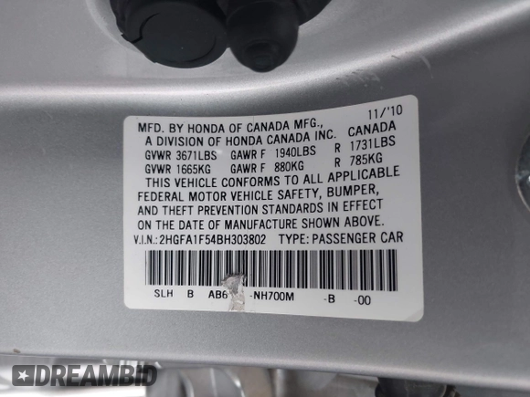 2011 Honda Civic LX with VIN 2HGFA1F54BH303802, listed as a IAAI auction lot 42195289 with 101,882 mi miles and . Bid and sale history available at DreamBid. Image 9.