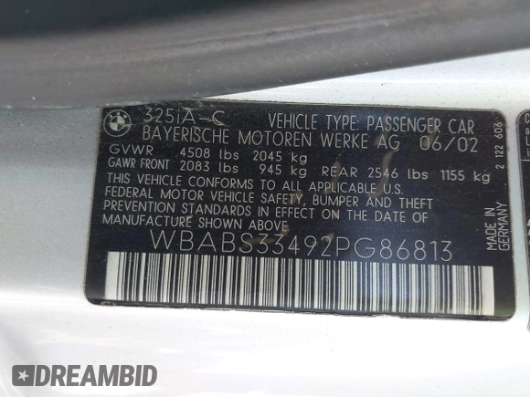 2002 BMW 3 Series 325Ci with VIN WBABS33492PG86813, listed as a IAAI auction lot 42074468 with 136,299 mi miles and . Bid and sale history available at DreamBid. Image 9.