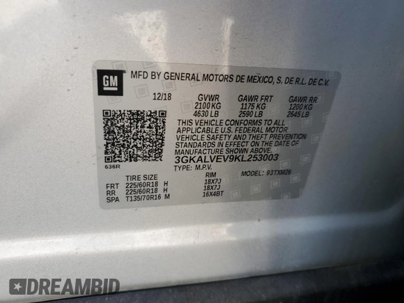 2019 GMC Terrain SLT with VIN 3GKALVEV9KL253003, listed as a Copart auction lot 53132875 with 89,808 mi miles and Salvage Title. Bid and sale history available at carsss.com. Image 13.