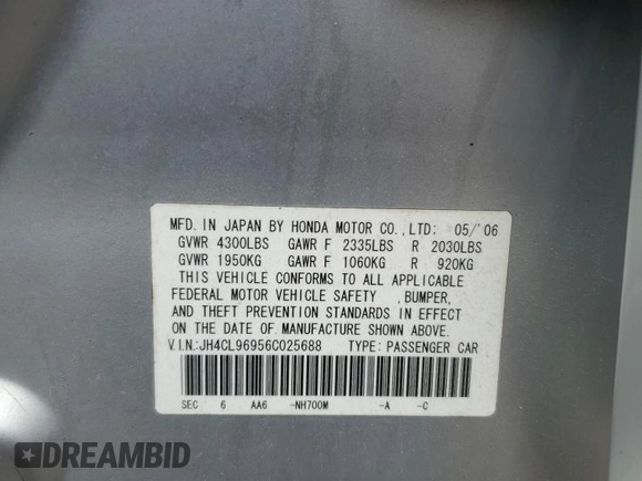 2006 Acura TSX Navi with VIN JH4CL96956C025688, listed as a Copart auction lot 59765615 with 129,508 mi miles and Salvage title. Bid and sale history available at DreamBid. Image 12.
