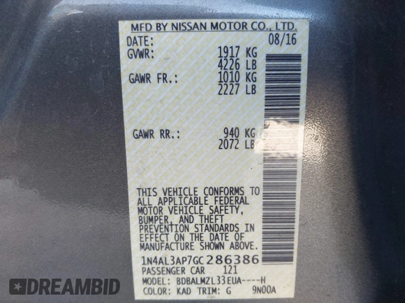 2016 Nissan Altima SR with VIN 1N4AL3AP7GC286386, listed as a IAAI auction lot 41814525 with 79,656 mi miles and . Bid and sale history available at DreamBid. Image 9.