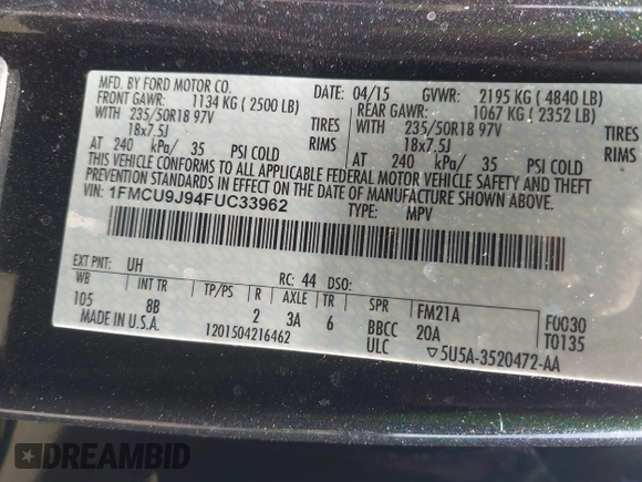 2015 Ford Escape Titanium with VIN 1FMCU9J94FUC33962, listed as a IAAI auction lot 41990795 with Not provided miles and . Bid and sale history available at DreamBid. Image 9.