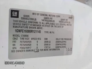 2008 Chevrolet Suburban LTZ с VIN 1GNFC16088R121145, выставлен на аукционе IAAI как лот 41327123 с пробегом 207 489 миль миль и . История ставок и продаж доступна на DreamBid. Изображение 9.