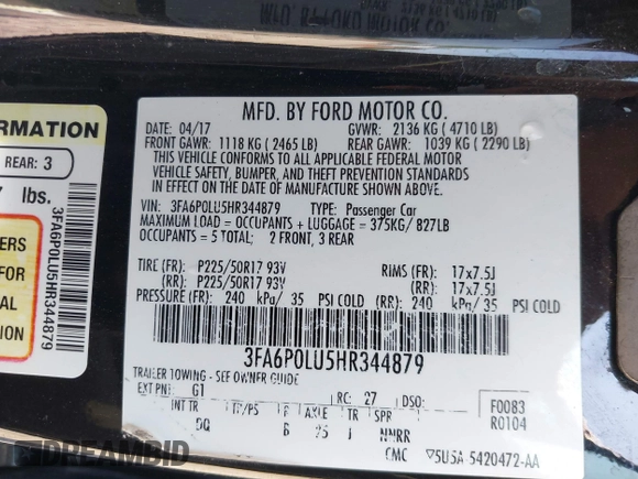 2017 Ford Fusion Hybrid SE with VIN 3FA6P0LU5HR344879, listed as a IAAI auction lot 42483771 with 146,603 mi miles and . Bid and sale history available at DreamBid. Image 9.