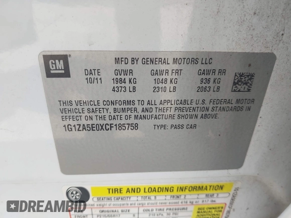 2012 Chevrolet Malibu 1FL with VIN 1G1ZA5E0XCF185758, listed as a IAAI auction lot 42049172 with 189,926 mi miles and . Bid and sale history available at DreamBid. Image 9.