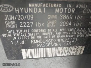 2009 Hyundai Elantra GLS with VIN KMHDU46D79U825123, listed as a IAAI auction lot 41844256 with 1 mi miles. Bid and sale history available at carsss.com. Image 9.