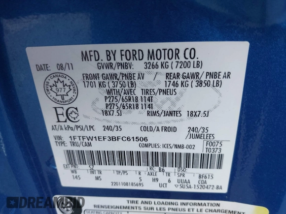 2011 Ford F-150 XL z VIN 1FTFW1EF3BFC61506, wystawiony jako IAAI lot #42455981 z przebiegiem 172 874 mil mil oraz . Historia ofert i sprzedaży dostępna na DreamBid. Obrazek 9.