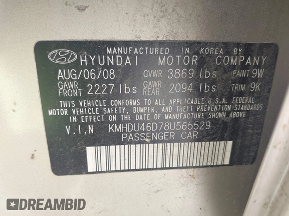 2008 Hyundai Elantra GLS with VIN KMHDU46D78U565529, listed as a IAAI auction lot 42393502 with 188,669 mi miles and . Bid and sale history available at DreamBid. Image 9.