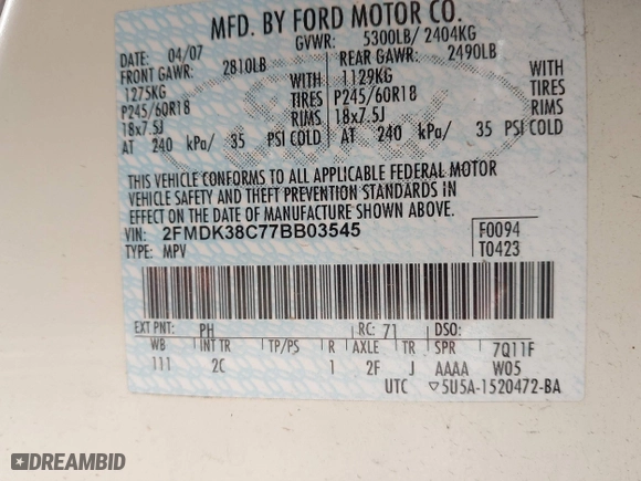 2007 Ford Edge SEL with VIN 2FMDK38C77BB03545, listed as a IAAI auction lot 41811567 with 215,892 mi miles. Bid and sale history available at carsss.com. Image 9.