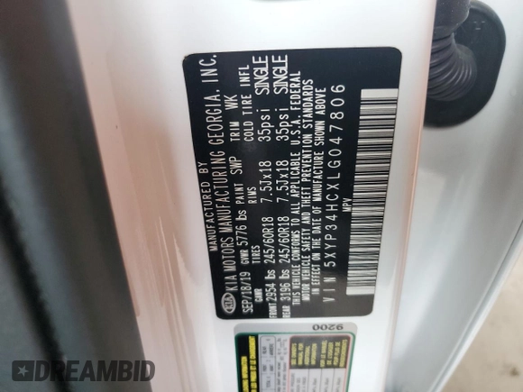 2020 Kia Telluride EX with VIN 5XYP34HCXLG047806, listed as a Copart auction lot 59591305 with 78,574 mi miles and Non repairable. Bid and sale history available at DreamBid. Image 13.