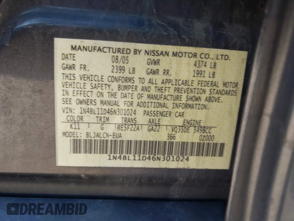 2006 Nissan Altima 3.5 SE with VIN 1N4BL11D46N301024, listed as a IAAI auction lot 41885365 with 206,539 mi miles. Bid and sale history available at carsss.com. Image 9.