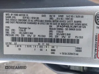 2018 Ford Fiesta SE with VIN 3FADP4BJXJM138126, listed as a IAAI auction lot 42006057 with 188,156 mi miles. Bid and sale history available at carsss.com. Image 9.