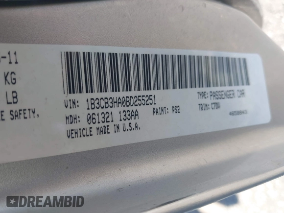 2011 Dodge Caliber Mainstreet with VIN 1B3CB3HA0BD255251, listed as a IAAI auction lot 41699098 with 166,550 mi miles. Bid and sale history available at carsss.com. Image 9.