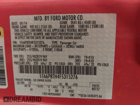 2015 Ford Mustang EcoBoost with VIN 1FA6P8TH4F5315276, listed as a IAAI auction lot 42279550 with 76,087 mi miles and . Bid and sale history available at DreamBid. Image 9.