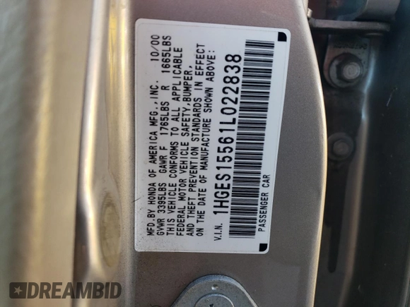 2001 Honda Civic LX with VIN 1HGES15561L022838, listed as a Copart auction lot 83866374 with 179,691 mi miles and Salvage Title. Bid and sale history available at DreamBid. Image 12.