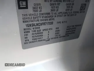 2015 Chevrolet Suburban LT with VIN 1GNSKJKC9FR717038, listed as a IAAI auction lot 41815942 with 123,095 mi miles and . Bid and sale history available at DreamBid. Image 9.
