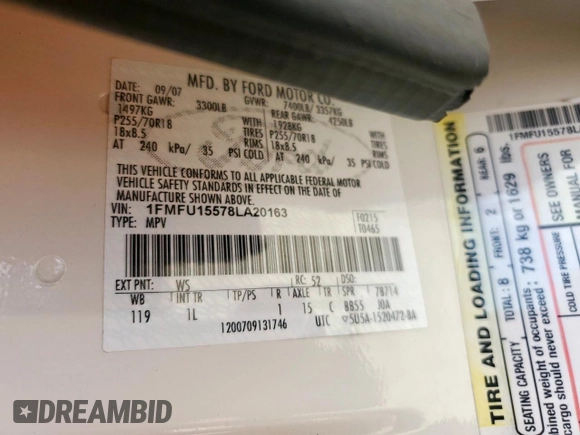 2008 Ford Expedition SSV with VIN 1FMFU15578LA20163, listed as a Copart auction lot 61676635 with 188,542 mi miles and Salvage title. Bid and sale history available at DreamBid. Image 13.