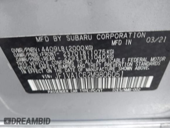 2021 Subaru WRX Premium with VIN JF1VA1C62M9806051, listed as a IAAI auction lot 41905593 with 68,609 mi miles and . Bid and sale history available at DreamBid. Image 9.