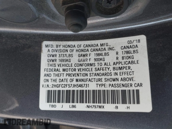 2018 Honda Civic LX with VIN 2HGFC2F57JH546731, listed as a IAAI auction lot 41979976 with 137,531 mi miles. Bid and sale history available at carsss.com. Image 9.
