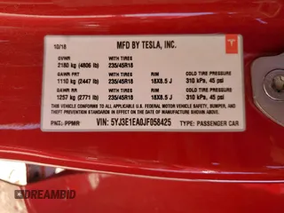 2018 Tesla Model 3 Long Range Battery with VIN 5YJ3E1EA0JF058425, listed as a Copart auction lot 52443635 with 80,722 mi miles and Salvage Title. Bid and sale history available at DreamBid. Image 13.