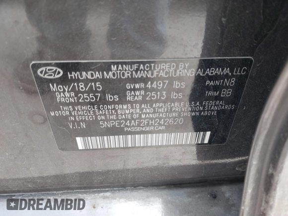 2015 Hyundai Sonata SE z VIN 5NPE24AF2FH242620, wystawiony jako IAAI lot #37029656 z przebiegiem 102 945 mil mil oraz . Historia ofert i sprzedaży dostępna na DreamBid. Obrazek 9.