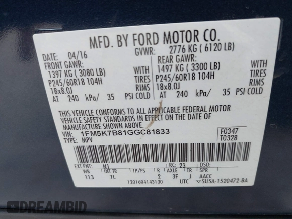 2016 Ford Explorer с VIN 1FM5K7B81GGC81833, выставлен на аукционе IAAI как лот 41065137 с пробегом 159 793 миль миль и . История ставок и продаж доступна на DreamBid. Изображение 9.