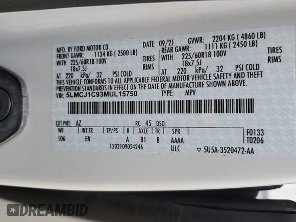 2021 Lincoln Corsair Standard z VIN 5LMCJ1C93MUL15750, wystawiony jako Copart lot #53814995 z przebiegiem 42 643 mil mil oraz Szkoda całkowita • Salvage title. Historia ofert i sprzedaży dostępna na DreamBid. Obrazek 13.