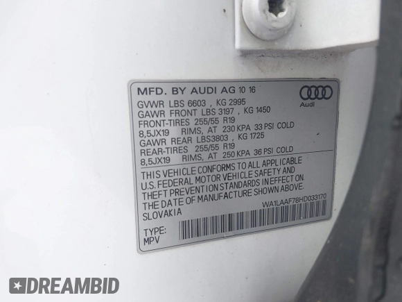 2017 Audi Q7 Premium Plus with VIN WA1LAAF78HD033170, listed as a IAAI auction lot 42212382 with 101,904 mi miles. Bid and sale history available at carsss.com. Image 9.