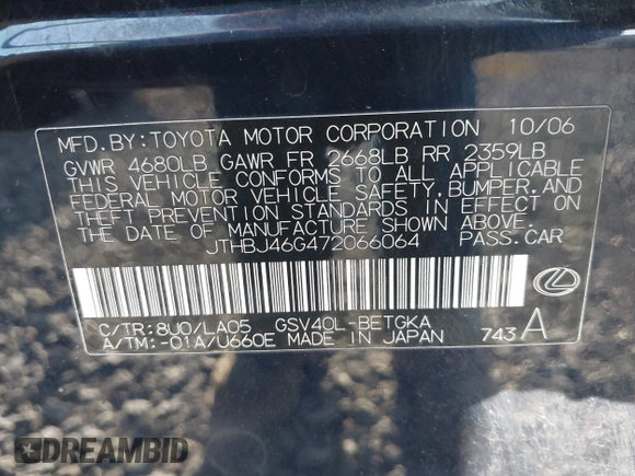 2007 Lexus ES 330 with VIN JTHBJ46G472066064, listed as a IAAI auction lot 42103710 with 206,674 mi miles and . Bid and sale history available at DreamBid. Image 9.