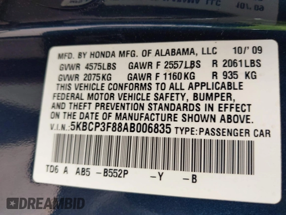 2010 Honda Accord Sdn EX-L with VIN 5KBCP3F88AB006835, listed as a IAAI auction lot 41918058 with 179,357 mi miles. Bid and sale history available at carsss.com. Image 9.