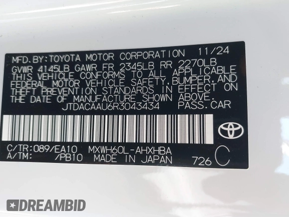 2024 Toyota Prius LE with VIN JTDACAAU6R3043434, listed as a IAAI auction lot 41757074 with 422 mi miles and . Bid and sale history available at DreamBid. Image 9.