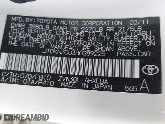 2011 Toyota Prius I with VIN JTDKN3DU3B0289225, listed as a IAAI auction lot 42019284 with 219,702 mi miles and . Bid and sale history available at DreamBid. Image 9.