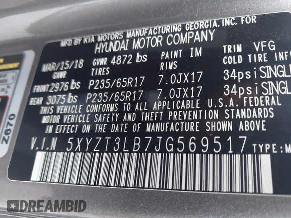 2018 Hyundai Santa Fe 2.4L with VIN 5XYZT3LB7JG569517, listed as a IAAI auction lot 42141100 with 57,854 mi miles and . Bid and sale history available at DreamBid. Image 9.
