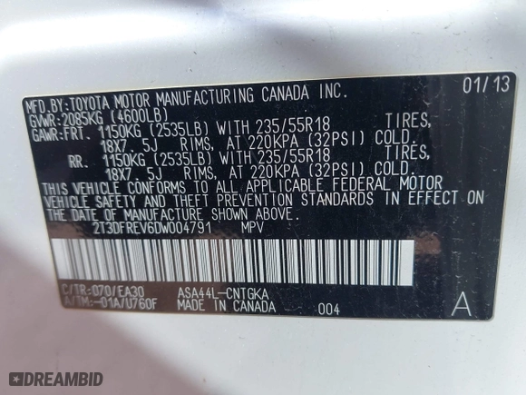 2013 Toyota RAV4 Limited with VIN 2T3DFREV6DW004791, listed as a IAAI auction lot 42021607 with 214,689 mi miles. Bid and sale history available at carsss.com. Image 9.