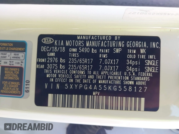 2019 Kia Sorento S with VIN 5XYPG4A55KG558127, listed as a IAAI auction lot 41906728 with 67,248 mi miles and . Bid and sale history available at carsss.com. Image 9.