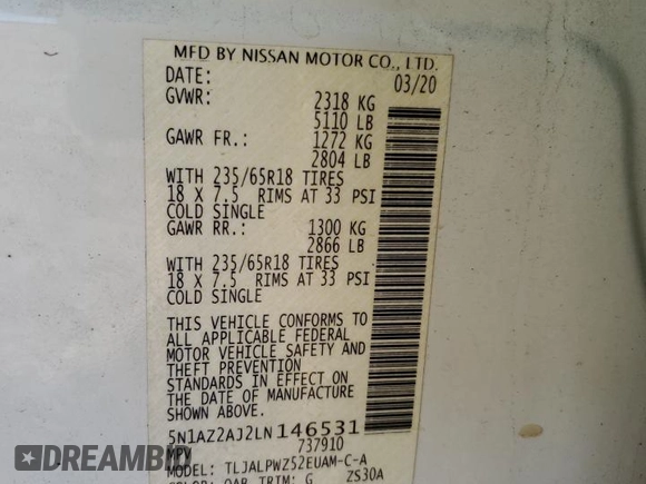 2020 Nissan Murano S with VIN 5N1AZ2AJ2LN146531, listed as a Copart auction lot 47012985 with 96,039 mi miles and Salvage Title. Bid and sale history available at DreamBid. Image 13.