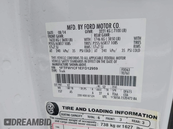 2014 Ford F-150 XL with VIN 1FTFW1CF1EFD12959, listed as a IAAI auction lot 42422218 with 234,818 mi miles and . Bid and sale history available at DreamBid. Image 9.