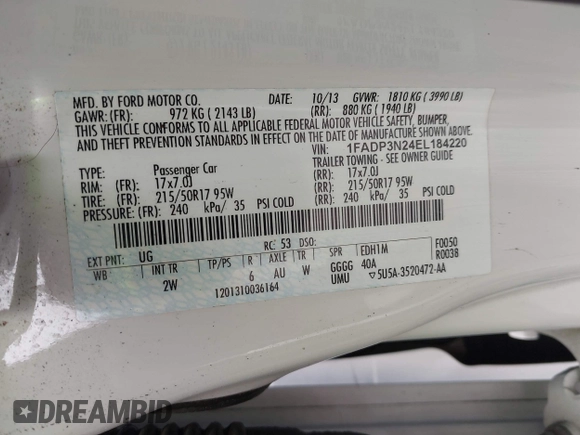 2014 Ford Focus Titanium with VIN 1FADP3N24EL184220, listed as a IAAI auction lot 42429610 with 172,575 mi miles and . Bid and sale history available at DreamBid. Image 9.
