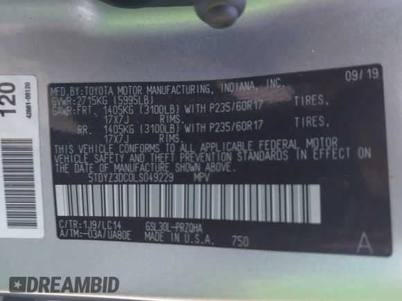2020 Toyota Sienna XLE Auto Access Seat with VIN 5TDYZ3DC0LS049229, listed as a IAAI auction lot 41635807 with 102,674 mi miles. Bid and sale history available at carsss.com. Image 9.