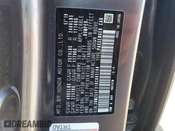 2019 Honda Clarity Plug-In Hybrid Touring with VIN JHMZC5F31KC003180, listed as a Copart auction lot 56952284 with 57,249 mi miles and Salvage Title. Bid and sale history available at carsss.com. Image 12.
