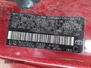 2013 Toyota Prius One with VIN JTDKN3DU6D0346326, listed as a IAAI auction lot 41206502 with 169,544 mi miles and . Bid and sale history available at DreamBid. Image 9.