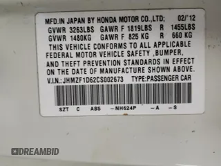 2012 Honda CR-Z EX with VIN JHMZF1D62CS002673, listed as a Copart auction lot 84908994 with 196,369 mi miles and Salvage Title. Bid and sale history available at carsss.com. Image 12.
